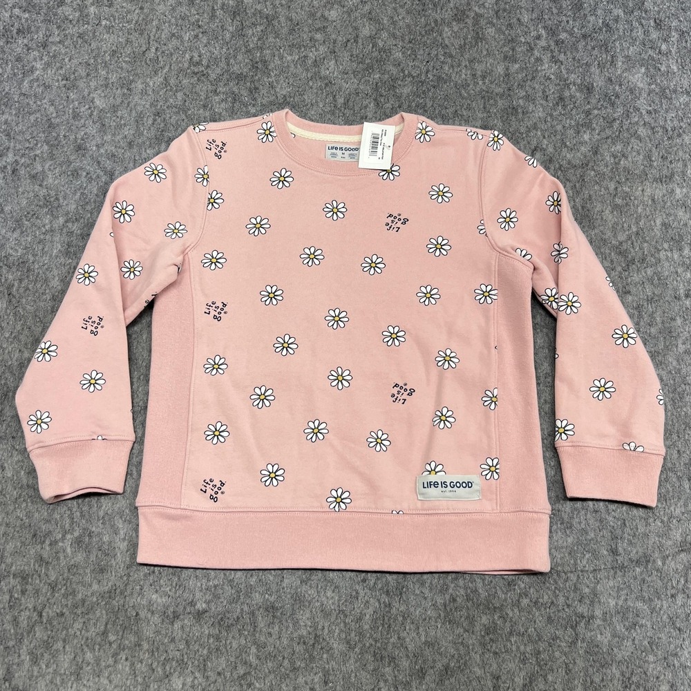 Life Is Good Sweatshirt Girls M Pink Daisy Simply True Crew Fleece Pullover Kids